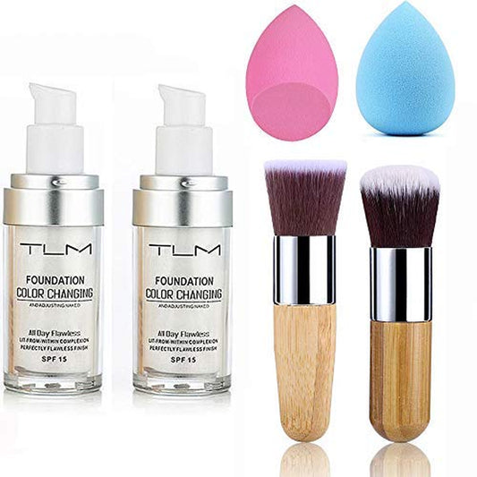 2Pcs TLM Color Changing Foundation Liquid with 2 Brushes and 2 Cosmetics Sponge 