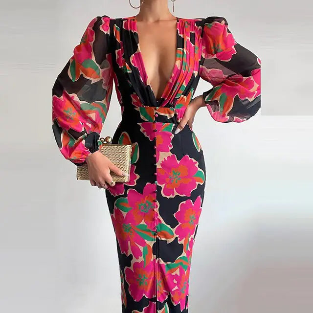 Women Sexy Button V-Neck Slit Party Dress