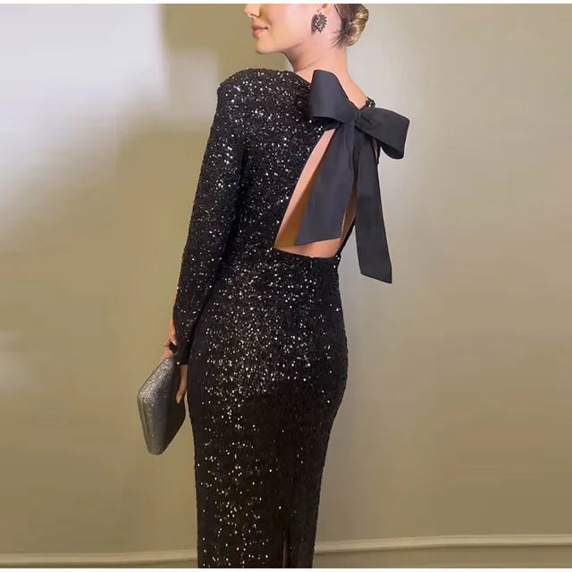 Black Sequins Bow Backless Long Sleeve Dress