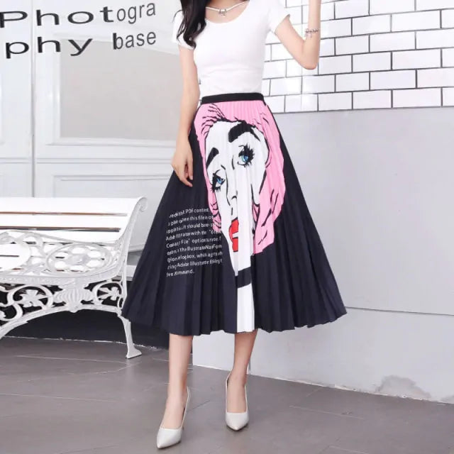 Women's Cartoon Printed Pleated Skirt