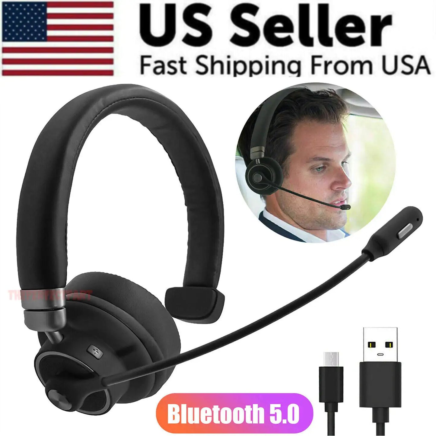 Wireless Headset Truck Driver Noise Cancelling Over-Head Bluetooth Headphones US