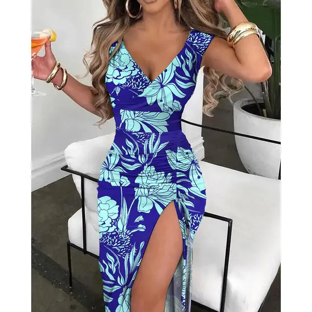 Summer V-Neck High Slit Dress