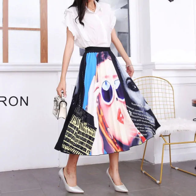 Women's Cartoon Printed Pleated Skirt